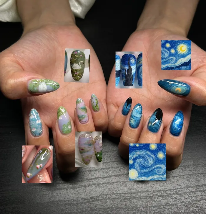 Both hands held palm up: Monet water lilies and a swan painted on one hand, Van Gogh Starry Night on the other, with the reference pictures laid beside them